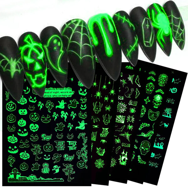 Set of 5 Luminous Halloween Nail Stickers Featuring Pumpkin, Ghost, Spider, and Skull Designs - Festive Adhesive Slider Decals for Party Nail Art Decor